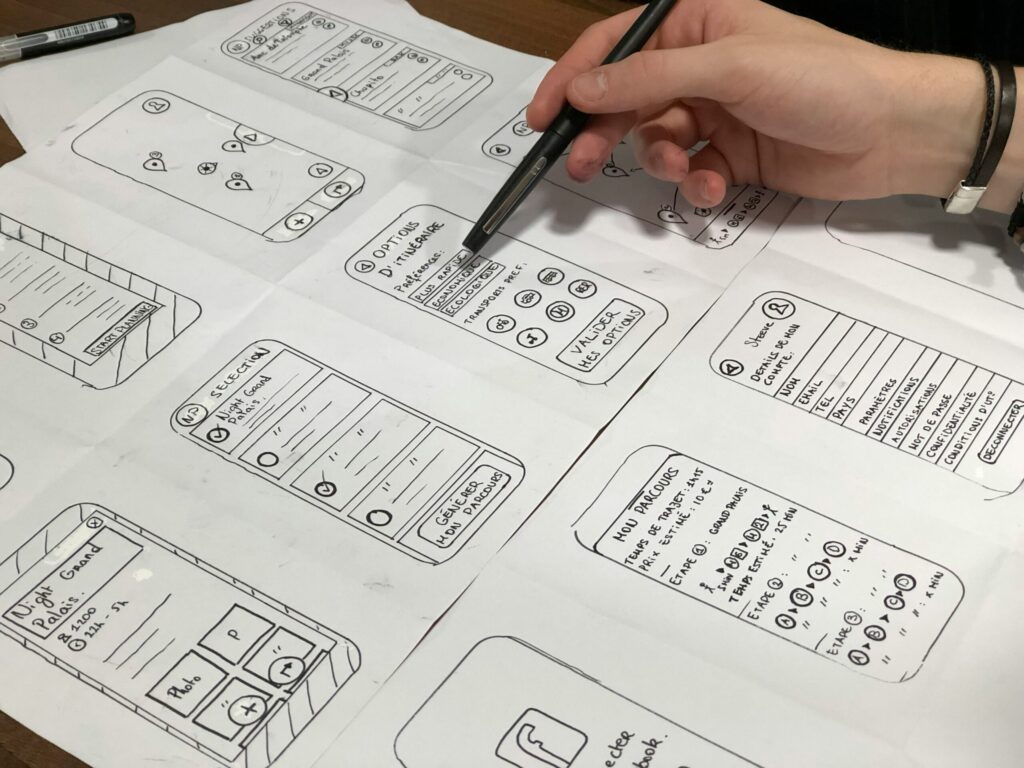 UI screens depicting different hand-drawn mobile interface flows.